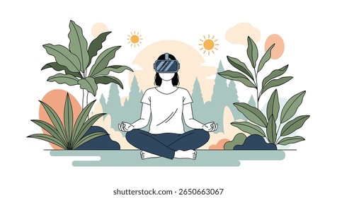Person meditating in nature wearing a virtual reality headset experiencing digital mindfulness and digital wellness in an outdoor setting