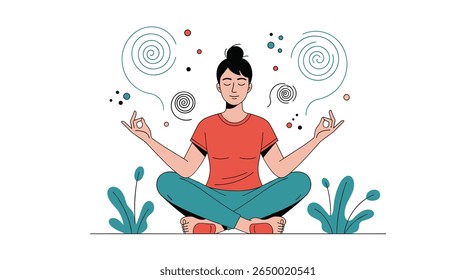 Uma pessoa meditando pacificamente em um ambiente tranquilo com linhas fluindo e pequenas partículas simbolizando calma e atenção plena