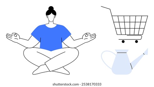 A person meditating in a relaxed pose, next to a shopping cart and a watering can. Ideal for themes of wellness, mindfulness, shopping, gardening, and lifestyle. Simple and minimalist style