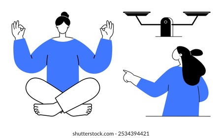 Una persona meditando en una pose sentada, otra señalando a una escala equilibrada, representando la atención plena y la toma de decisiones. Ideal para temas de bienestar, salud mental, equilibrio, concentración y atención plena