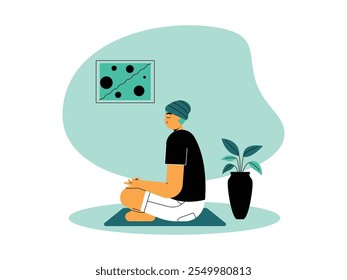 Una persona está meditando sentada con las piernas cruzadas en una estera de yoga con los ojos cerrados, las manos puestas de rodillas, hay una ventana simple y plantas ornamentales, tranquilas y cómodas, Ilustración vectorial.