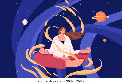 Person meditating, sitting in lotus yoga pose among peaceful universe. Meditation and spiritual practice of calm woman in solitude. Zen, balance, nirvana and harmony concept. Flat vector illustration