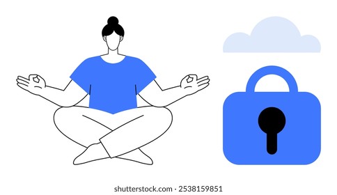 Persona meditando en posición sentada junto a un Grande icono de candado de seguridad de archivos y un símbolo de nube. Ideal para temas de atención plena, salud mental, seguridad cibernética, datos seguros y tranquilidad