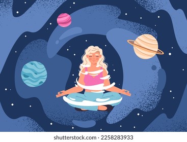 Person, die im Weltraum meditiert. Junge Mädchen sitzt in Lotus-Position vor dem Hintergrund von Planeten und Sternen. Galaxie, Kosmos und Universum. Spirituelle Praxis der Ruhe. Cartoon-Flavektor-Vektorgrafik