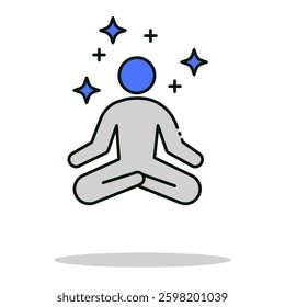 Person meditating with sparkles representing relaxation, mental well-being, and mindfulness practice, editable stroke