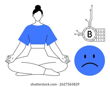 A person is meditating, symbolizing calmness. Nearby are a Bitcoin logo with circuit lines and a sad face. Ideal for digital finance, mental well-being, cryptocurrency, stress management, modern