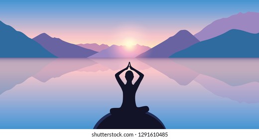 person in meditation pose on a calm sea with a beautiful mountain view at sunrise vector illustration EPS10