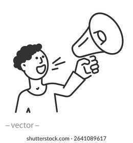 person with megaphone icon, announce in loudspeaker, public advocacy, speaker man with news, loud voice warning, thin line symbol on white background - editable stroke vector illustration eps10