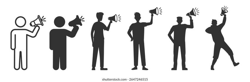 Person with megaphone icon silhouette set on transparent background