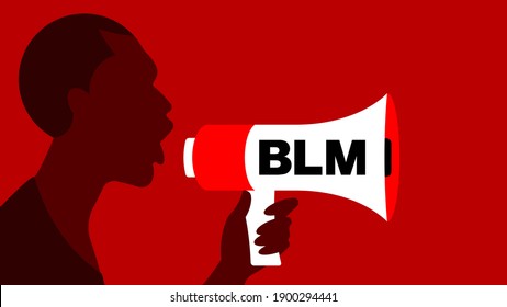 Person with megaphone. Man holds loudspeaker device in his hand. Black Lives Matter Concept, human rights, freedom of speech.Vector illustration in flat modern style. Cut out.