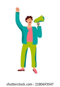 Person with megaphone for voting, demonstration, presidential election, No War protest. Vector illustration.