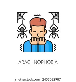 Person mental anxiety, human phobia, arachnophobia psychology problem line color icon. Mental disorder, people psychology or phobia fear thin line vector pictogram or sign with man scared of spiders