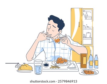 Person with mental disorder. Fatty man eat junk food. Mental and psychological problems. Guy with chicken legs. Graphic element for website. Linear vector illustration