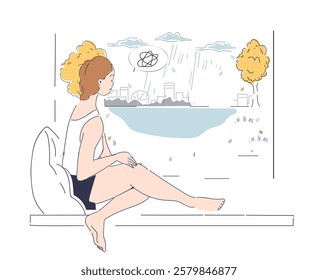 Person with mental disorder. Lonely woman sitting on window. Mental and psychological problems. Frustration and depression. Sad and sorrow. Poster or banner. Linear vector illustration