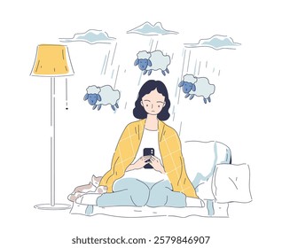 Person with mental disorder. Sleepless woman count lambs. Mental and psychological problems. Emotional burnout. Frustration and depression, insomnia. Linear vector illustration