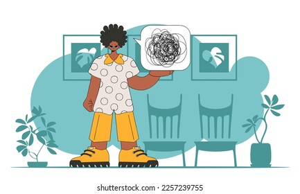 A person with mental problems. The man demonstrates that he has a mess in his head.
