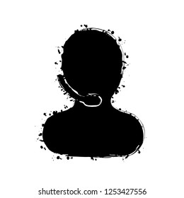 Person with microphone. Call center. Black ink with splashes on white background