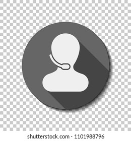 Person with microphone. Call center. flat icon, long shadow, circle, transparent grid. Badge or sticker style