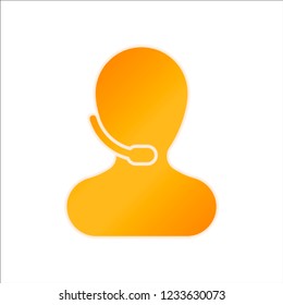 Person with microphone. Call center. Orange sign with low light on white background