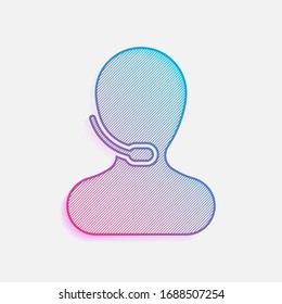 Person with microphone. Call center. Technology logo with diagonal lines and colored gradient. Neon graphic, light effect. Blue and red colors