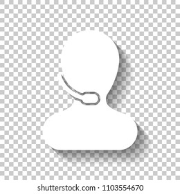 Person with microphone. Call center. White icon with shadow on transparent background