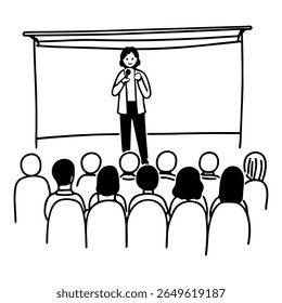 Uma pessoa com um microfone fala no palco para uma audiência. Desenho vetorial estilo Doodle sobre artistas, alto-falantes e stand-ups
