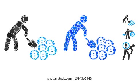 Person mining Bitcoins composition of filled circles in variable sizes and color tones, based on person mining Bitcoins icon. Vector filled circles are united into blue composition.