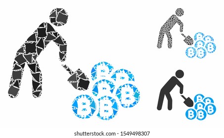Person mining Bitcoins mosaic of ragged parts in various sizes and color tinges, based on person mining Bitcoins icon. Vector uneven dots are combined into collage.
