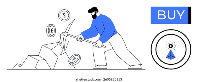 Person mining cryptocurrency with pickaxe, digital coins, BUY button, arrow target symbol. Ideal for fintech, investment, blockchain, digital currency, online trading, automation. Line metaphor