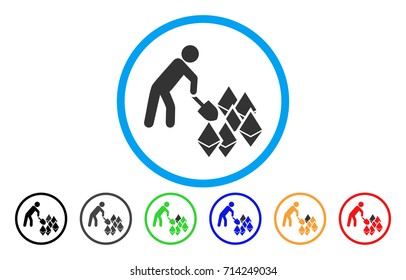 Person Mining Ethereum icon. Vector illustration style is a flat iconic person mining ethereum grey rounded symbol inside light blue circle with black, gray, green, blue, red, orange color variants.