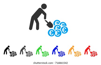 Person Mining Euro icon. Vector illustration style is a flat iconic person mining euro symbol with black, grey, green, blue, red, orange color additional versions.