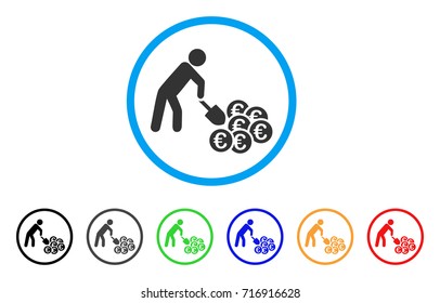 Person Mining Euro icon. Vector illustration style is a flat iconic person mining euro grey rounded symbol inside light blue circle with black, gray, green, blue, red, orange color versions.