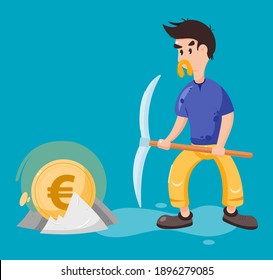 Person mining Euro pieces vector illustration