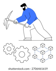 Person mining with a pickaxe, accompanied by two gears and connected blocks. Ideal for blockchain technology, cryptocurrency mining, digital infrastructure, network operations, technological