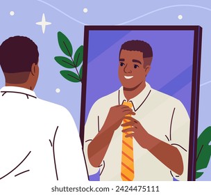 Person with mirror concept. Man look at reflection. Self confidence and acceptance. Feelings and facial expression. Poster or banner. Cartoon flat vector illustration isolated on blue background