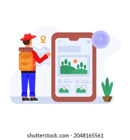 Person with mobile, flat illustration of choose place 