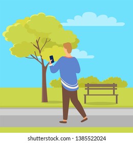 Person with mobile phone back view in city park near tree and bench. Vector male with telephone, businessman chatting on smartphone, typing message