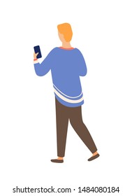 Person With Mobile Phone Back View Isolated Cartoon Character. Vector Male Or Female With Telephone, Businessman Chatting On Smartphone, Typing Message. Vector Illustration In Flat Cartoon Style