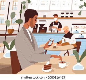 Person with mobile phone at coffee shop. Man with smartphone surfing internet, sitting at table in coffeehouse. Cafe visitor use social media and texting with cellphone. Flat vector illustration