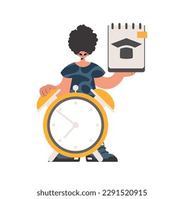 Person with momentous and caution clock, limited on white foundation. Trendy style, Vector Illustration