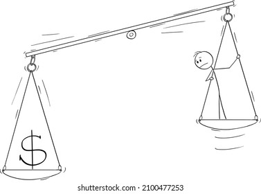 Person and money on scale, concept of human capital, vector cartoon stick figure or character illustration.