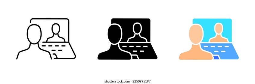 Person at the monitor set icon. Speech bubble, bussiness conference, commentary, explanation, laptop, online learning, distance learning. Vector icon in line, black and colorful style