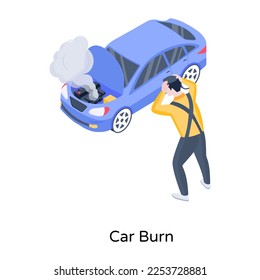 Person monitoring car, an isometric icon of auto repair  