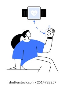 Person monitoring heart rate with smart wristband while seated. Ideal for fitness, health monitoring, wearable tech, lifestyle management, sports activities. Simple modern style.