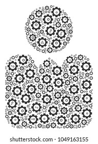 Person mosaic of cog wheels. Vector cog objects are grouped into person collage.