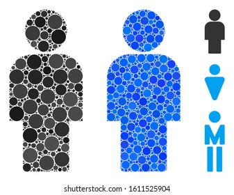Person mosaic of small circles in various sizes and color tints, based on person icon. Vector filled circles are united into blue mosaic. Dotted person icon in usual and blue versions.