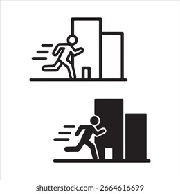Una persona en movimiento con un telón de fondo de formas arquitectónicas abstractas.