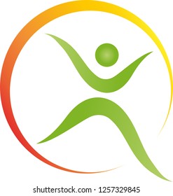 Person in motion and sun logo