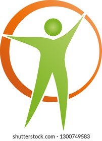Person in motion and sun logo