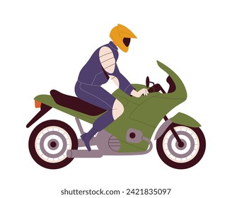 Person motorcyclist concept. Biker in protective helmet. Travels and tourism. Sticker for social networks. Active lifestyle and leisure. Cartoon flat vector illustration isolated on white background